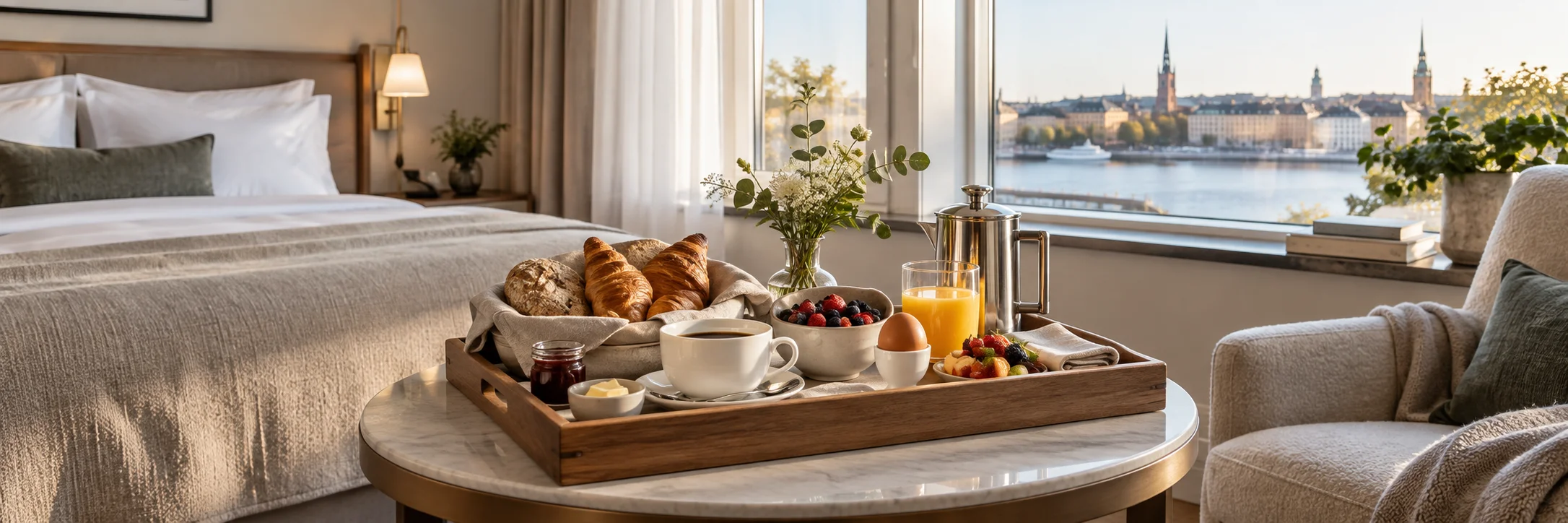 Frukostbricka i ett rofyllt hotellrum